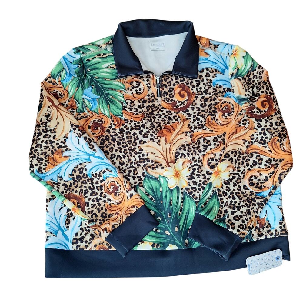 NWT Acegolfs Women XXL Leopard Tropical Baroque Quarter Zip Sweatshirt UPF50